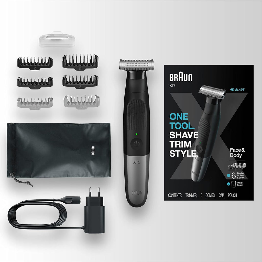 BRAUN Series Xt5 Rasoio Elettrico E Rifinitore Ibrido Da Uomo, Viso + Corpo, Lama Resistente E Custodia Da Viaggio Nera, Xt5200