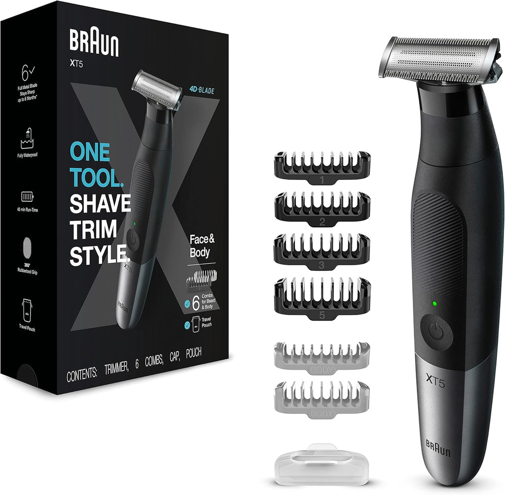 BRAUN Series Xt5 Rasoio Elettrico E Rifinitore Ibrido Da Uomo, Viso + Corpo, Lama Resistente E Custodia Da Viaggio Nera, Xt5200