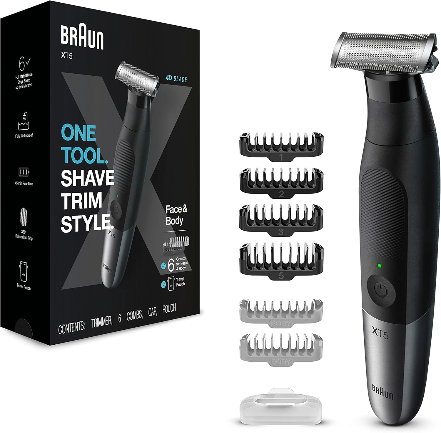 BRAUN Series Xt5 Rasoio Elettrico E Rifinitore Ibrido Da Uomo, Viso + Corpo, Lama Resistente E Custodia Da Viaggio Nera, Xt5200